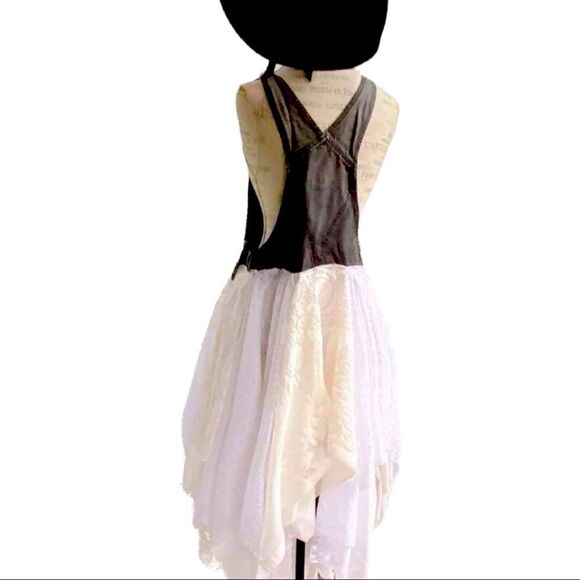 Black Denim Overalls Multilayer Lace Midi Flowing Dress NEW - Picture 3 of 4